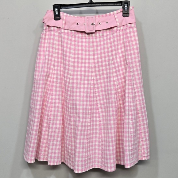 Lapis Dresses & Skirts - Vintage Y2K Lapis Pink Gingham Skirt Small Belted Gold Metallic Plaid Coquette